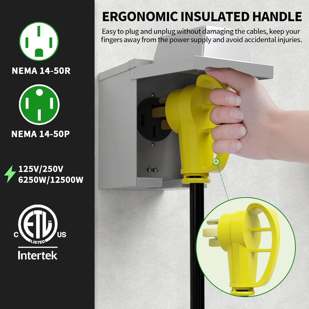 POWGRN NEMA 14-50P to NEMA 14-50R 50 Amp RV/EV Extension Cord 100 FT Outdoor with Grip Handle, Flexible Heavy Duty RV Power Cord Waterproof, 50A 125/250V 6250/12500W STW, Black-Yellow, ETL Listed