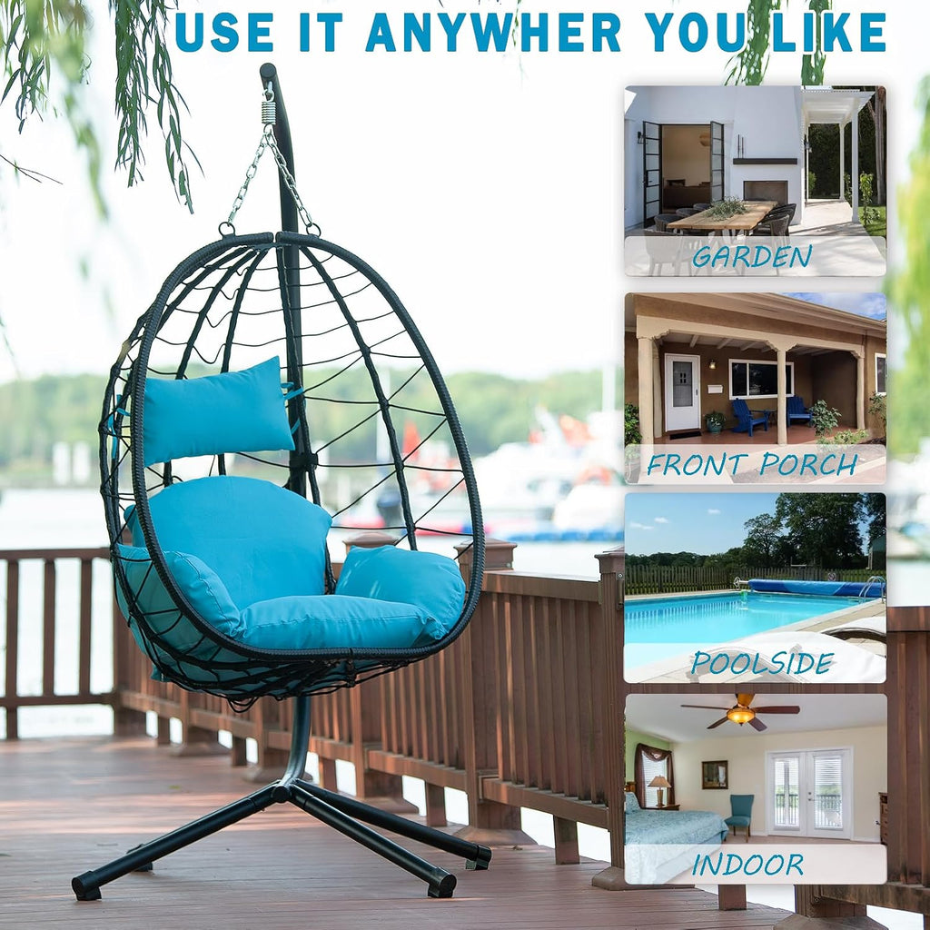 Hanging Egg Chair with Stand, Black Wicker Rattan Swing Egg Chair, Indoor Outdoor Swing Chair for Patio Balcony Porch Bedroom, 350 LBS Capacity (Light Blue)