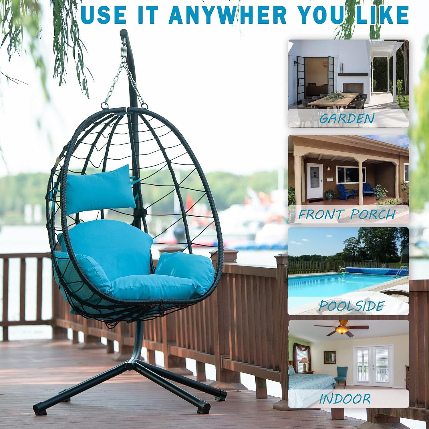 Hanging Egg Chair with Stand, Black Wicker Rattan Swing Egg Chair, Indoor Outdoor Swing Chair for Patio Balcony Porch Bedroom, 350 LBS Capacity (Light Blue)