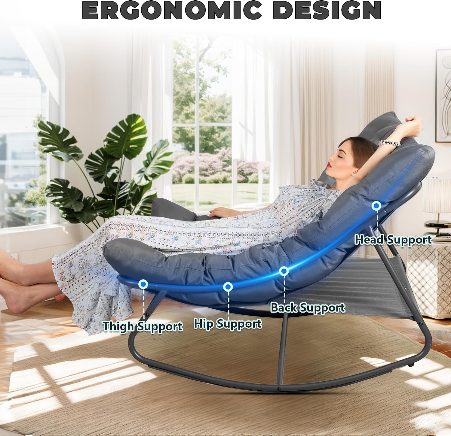 Outdoor & Indoor Oversized Rocking Chairs Set of 2, Modern Metal Lounge Rocking Chair with Thick Cushions, High Back Rocker Chair Set for Living Room, Patio, Porch, Garden, Backyard