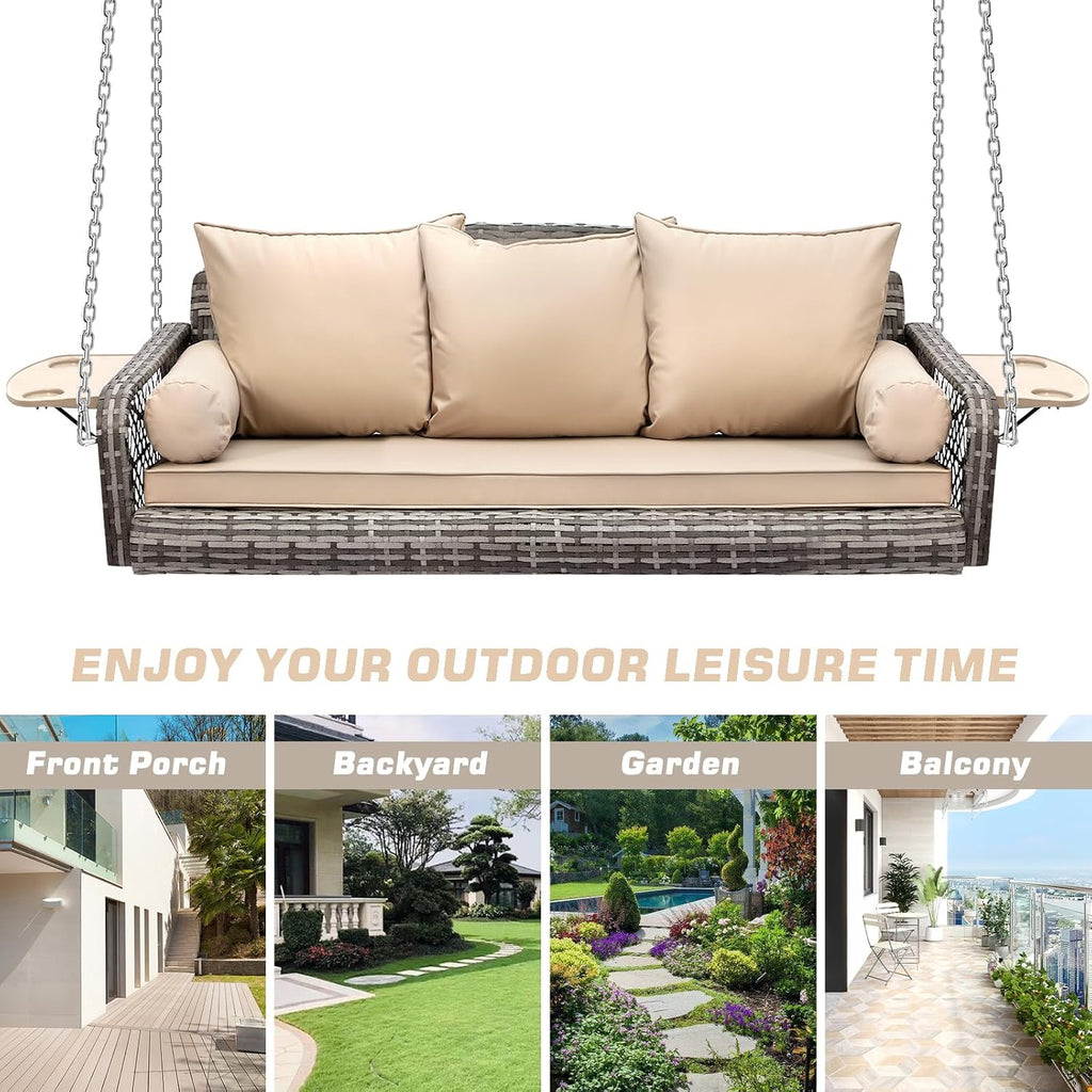 Grepatio 3 Person Porch Swing Patio Wicker Hanging Porch Swing Chair Outdoor Rattan Swing Bench with Cushion and Pillow for Garden, Yard, Lawn (Gray Rattan Khaki Cushion)