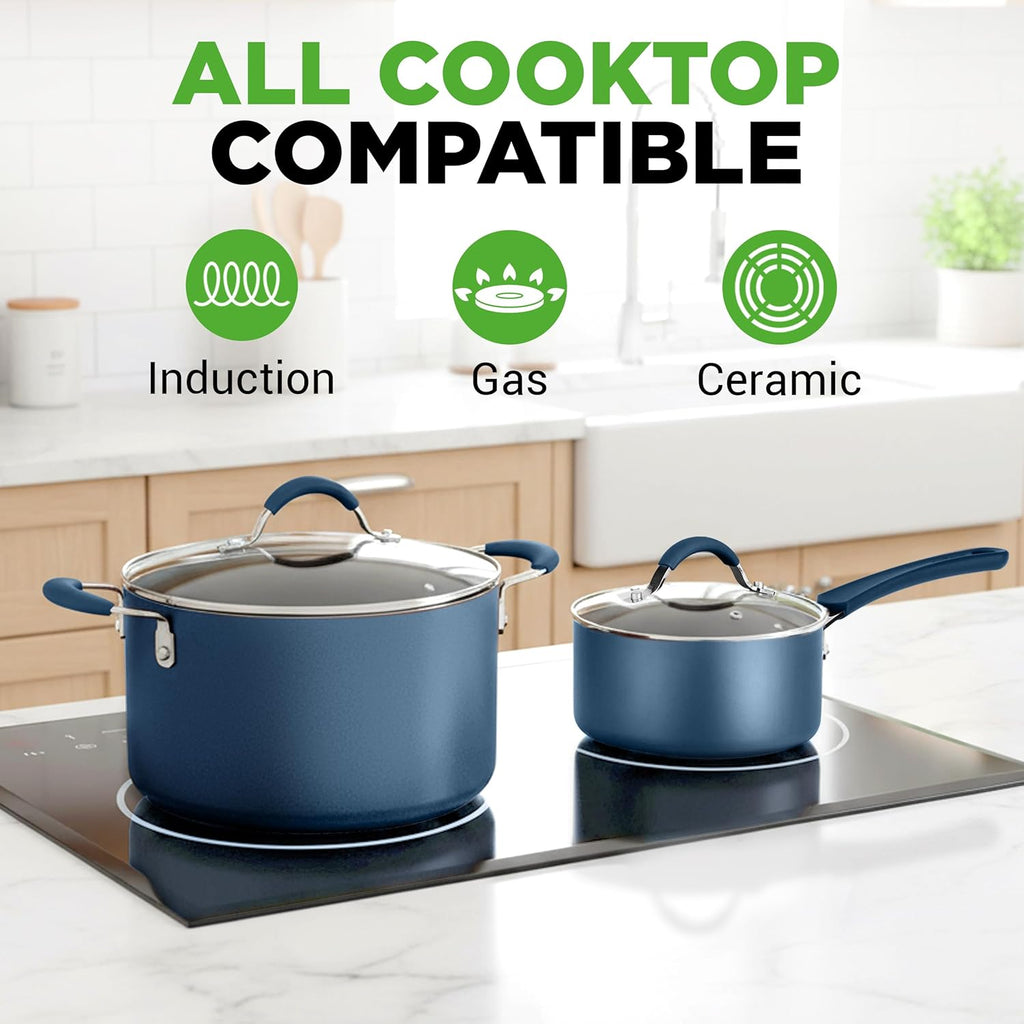 NutriChef Professional 20 Pc Pots and Pans Set Non Stick in Navy Blue - Includes Bakeware & Utensils, Induction Ready, Easy Clean