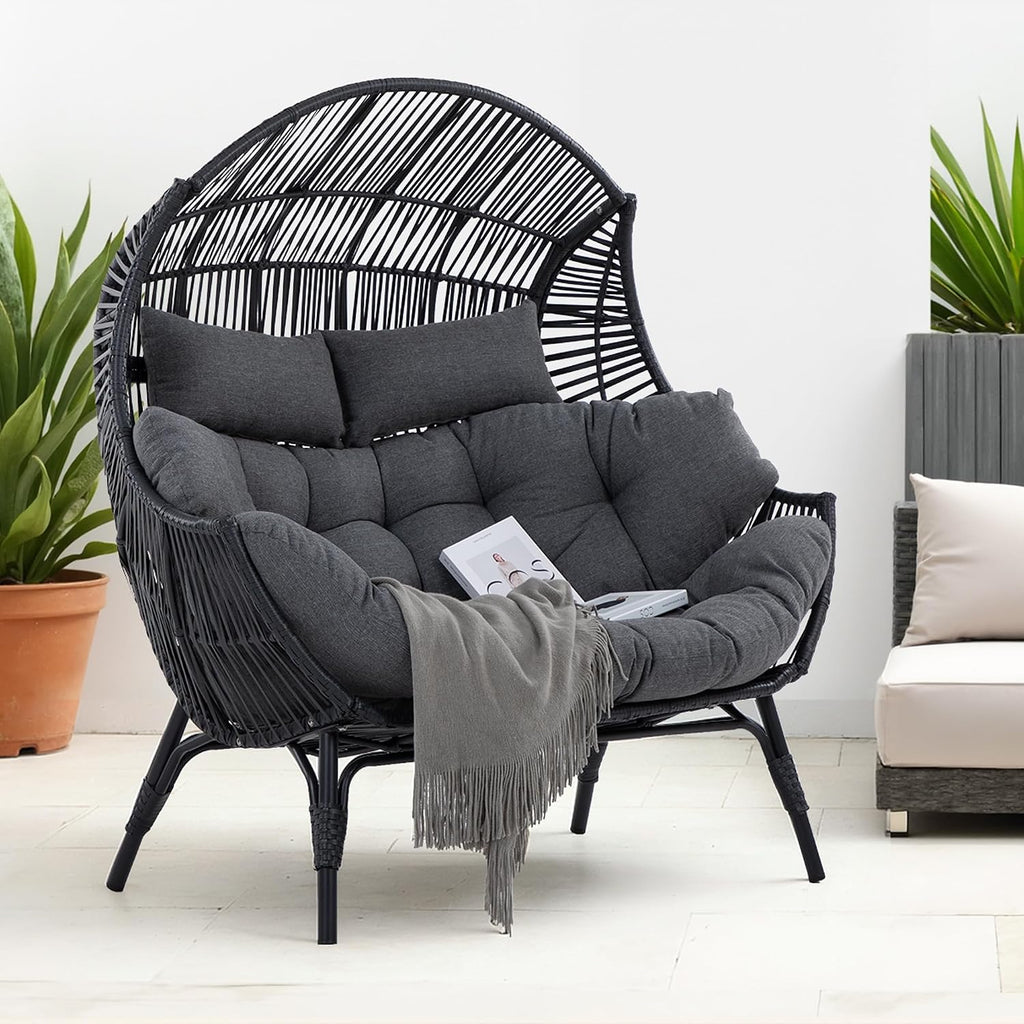 IRONCK Double Egg Chair Outdoor, 2 Person Wicker Lounge Chair, Oversized Thickened Padded Cushions and Headrests, 680 Lbs Egg Loveseat for Indoor, Patio, Living Room, Porch, Balcony, Dark Grey