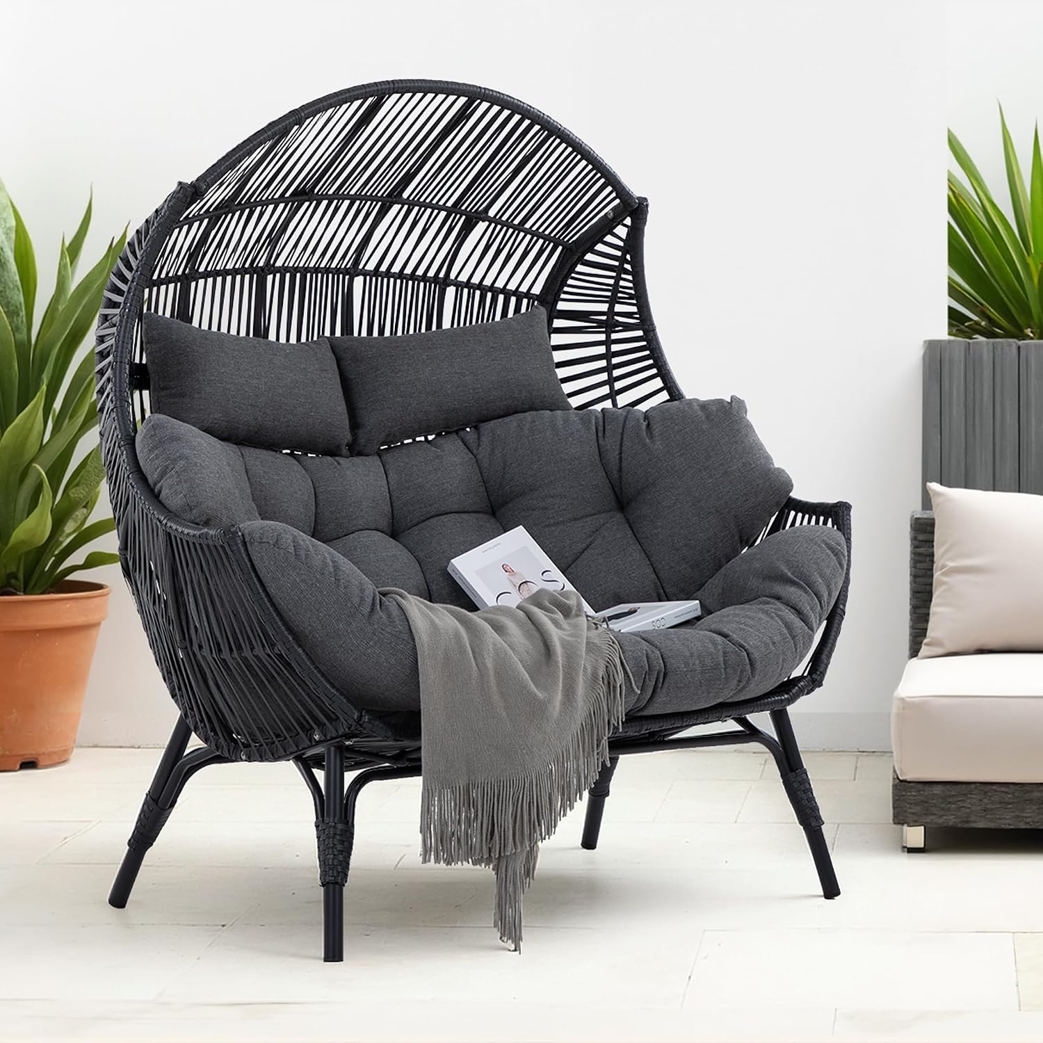 IRONCK Double Egg Chair Outdoor, 2 Person Wicker Lounge Chair, Oversized Thickened Padded Cushions and Headrests, 680 Lbs Egg Loveseat for Indoor, Patio, Living Room, Porch, Balcony, Dark Grey