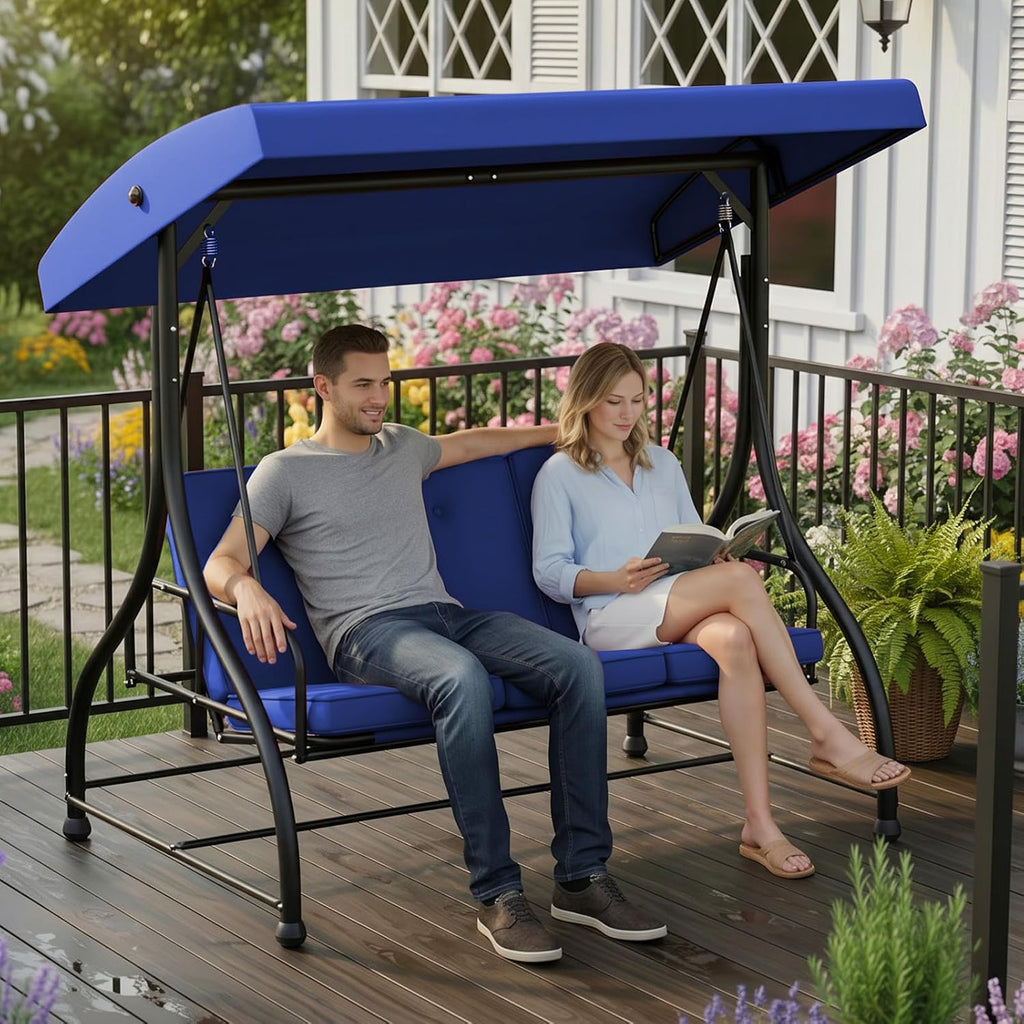3-Seat Porch Swing Bed with Adjustable Canopy & Removable Cushions, Heavy Duty Steel Frame Outdoor Patio Swings Glider Chair for Backyard, Garden, Deck, Blue