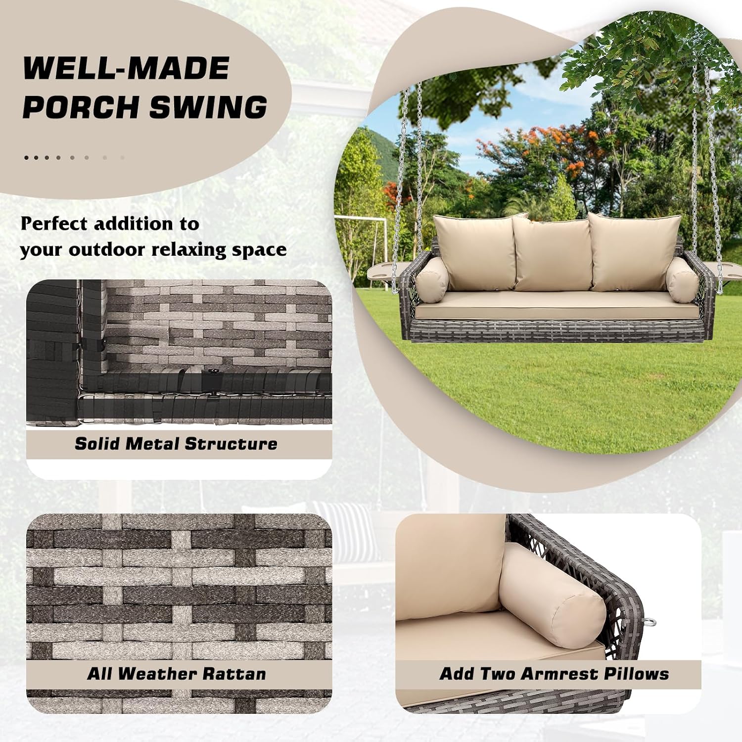 Grepatio 3 Person Porch Swing Patio Wicker Hanging Porch Swing Chair Outdoor Rattan Swing Bench with Cushion and Pillow for Garden, Yard, Lawn (Gray Rattan Khaki Cushion)