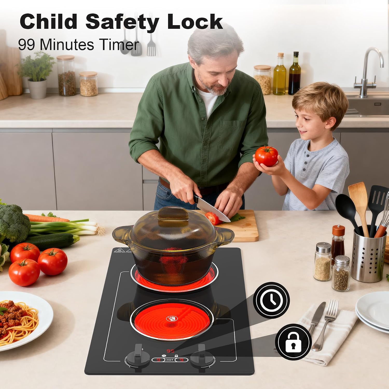 VBGK Electric Cooktop,110V 2100W electric Stove Top with Knob Control,Countertop/Built-in Design with 9 Power Levels,Kids Lock & Timer, Overheat Protection,and touch control 2 burner electric Cooktop.