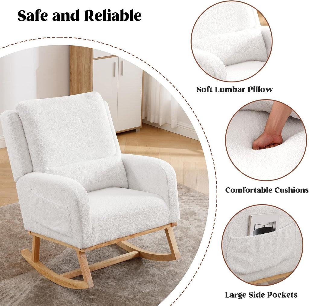 HCHAIRH Rocking Chair Nursery, Sherpa Nursing Rocking Chairs, Upholstered Nursery Glider Rocker Wingback Morden Rocking Chair with Lumbar Pillow for Mom Nursery, Living Room, Bedroom, Teddy White