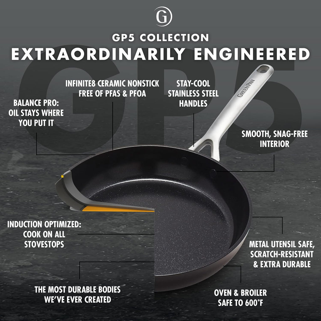 GreenPan GP5 Hard Anodized Healthy Ceramic Nonstick 14 Piece Cookware Pots & Pans Set,Heavy Gauge Scratch Resistant, Stay Flat Surface,Induction, Mirror Finish Handle,Oven Safe, PFAS-Free, Black