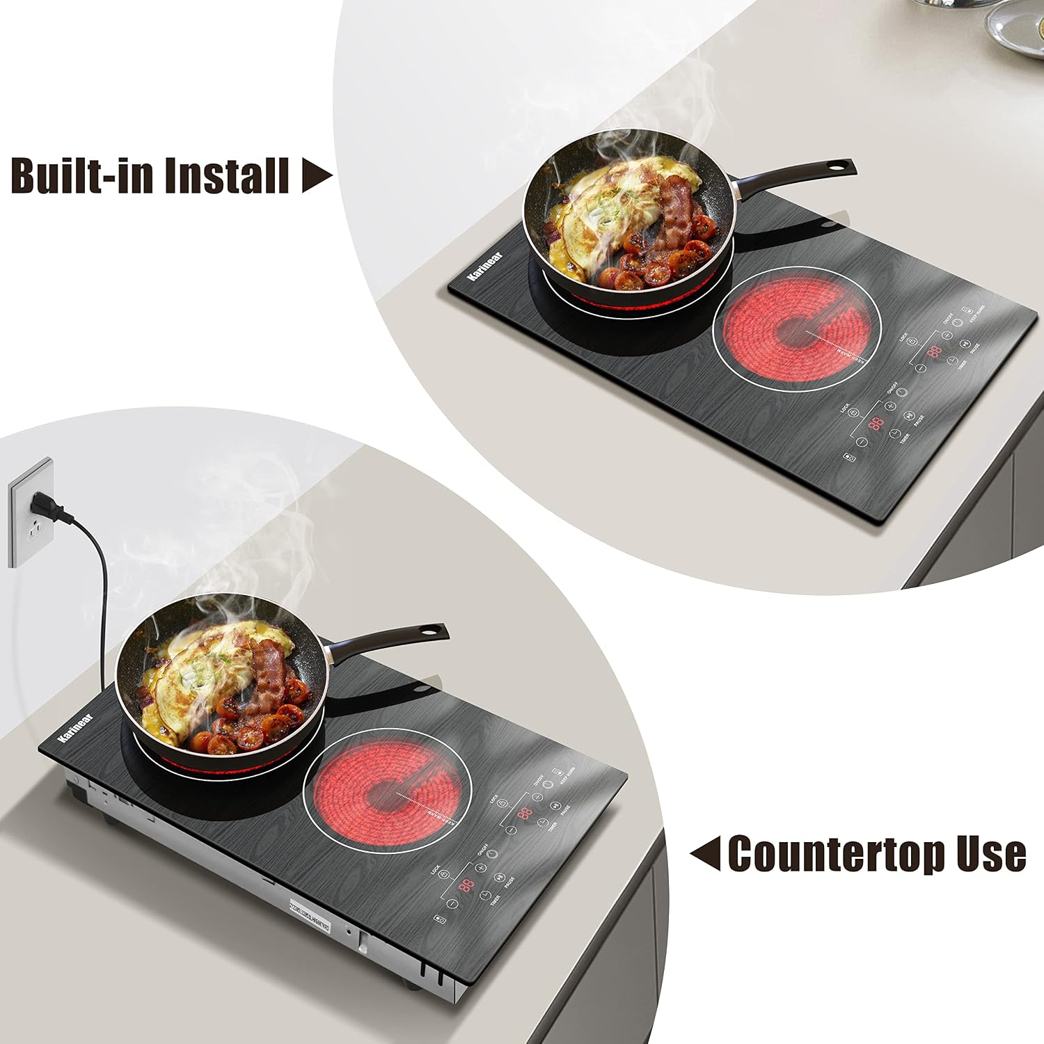 Karinear Portable Electric Cooktop 2 Burners, 110v Plug in Electric Stove Top, Countertop Use or Built-in Install, 12'' Ceramic Cooktop with Beautiful Wooden Pattern