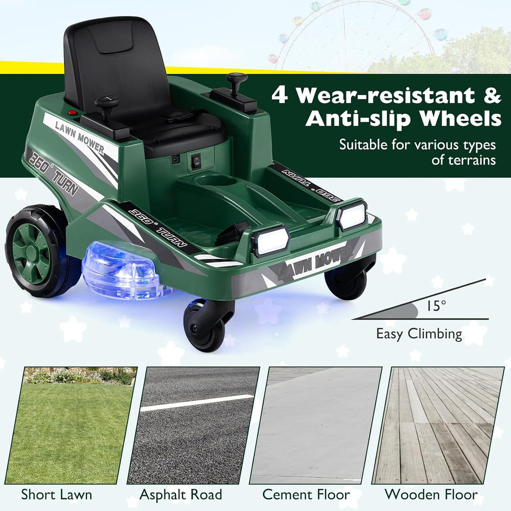 Costzon Ride on Lawn Mower for Kids, 12V Toddler Electric Car with 360° Twist and Turn, Dual Control Sticks, LED Lights, Outdoor Ride on Toy Gift for Boys & Girls Aged 3-8 (Dark Green)