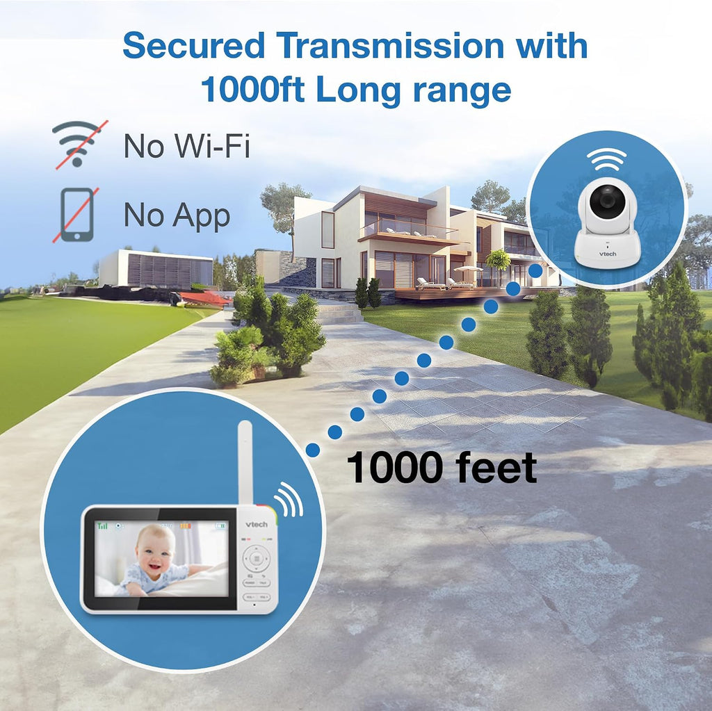 VTech VM924-2 5' Pan Tilt Zoom Video Baby Monitor with 2 Cameras – No WiFi, 17Hr Battery, 1000ft Range, Night Vision, Lullabies & Temperature Sensor – Ideal for New Parents & Twins