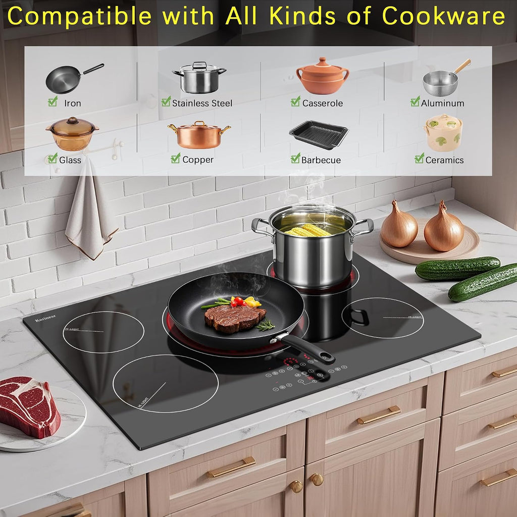 Karinear Electric Cooktop 30 Inch, Upgrade Sensor Touch 5 Burners Electric Stove Top, Built-in Ceramic Cooktop, Pause, Timer, Safety Lock, Triple Ring Expandable Burner,9000W, 220V