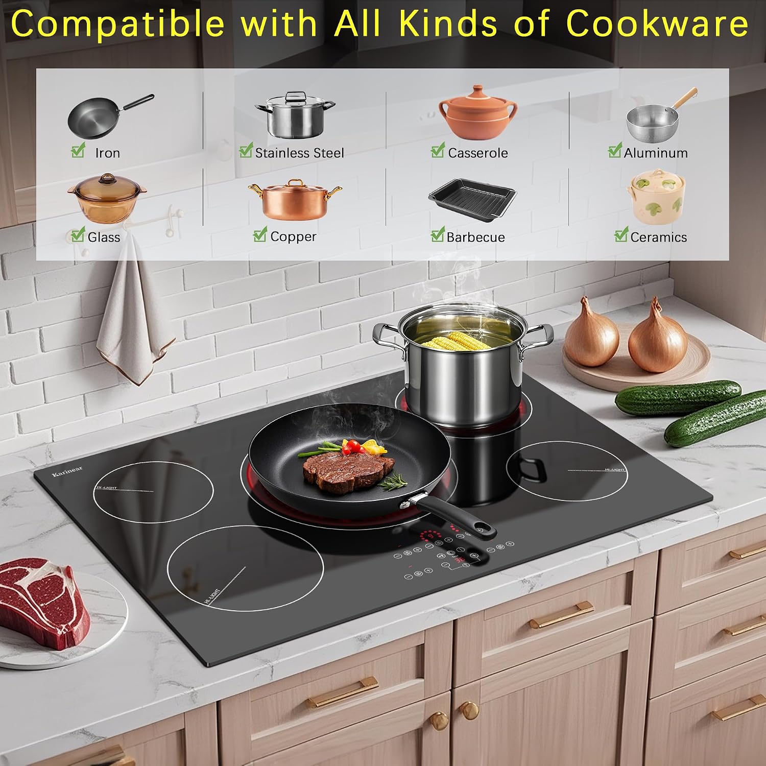 Karinear Electric Cooktop 30 Inch, Upgrade Sensor Touch 5 Burners Electric Stove Top, Built-in Ceramic Cooktop, Pause, Timer, Safety Lock, Triple Ring Expandable Burner,9000W, 220V