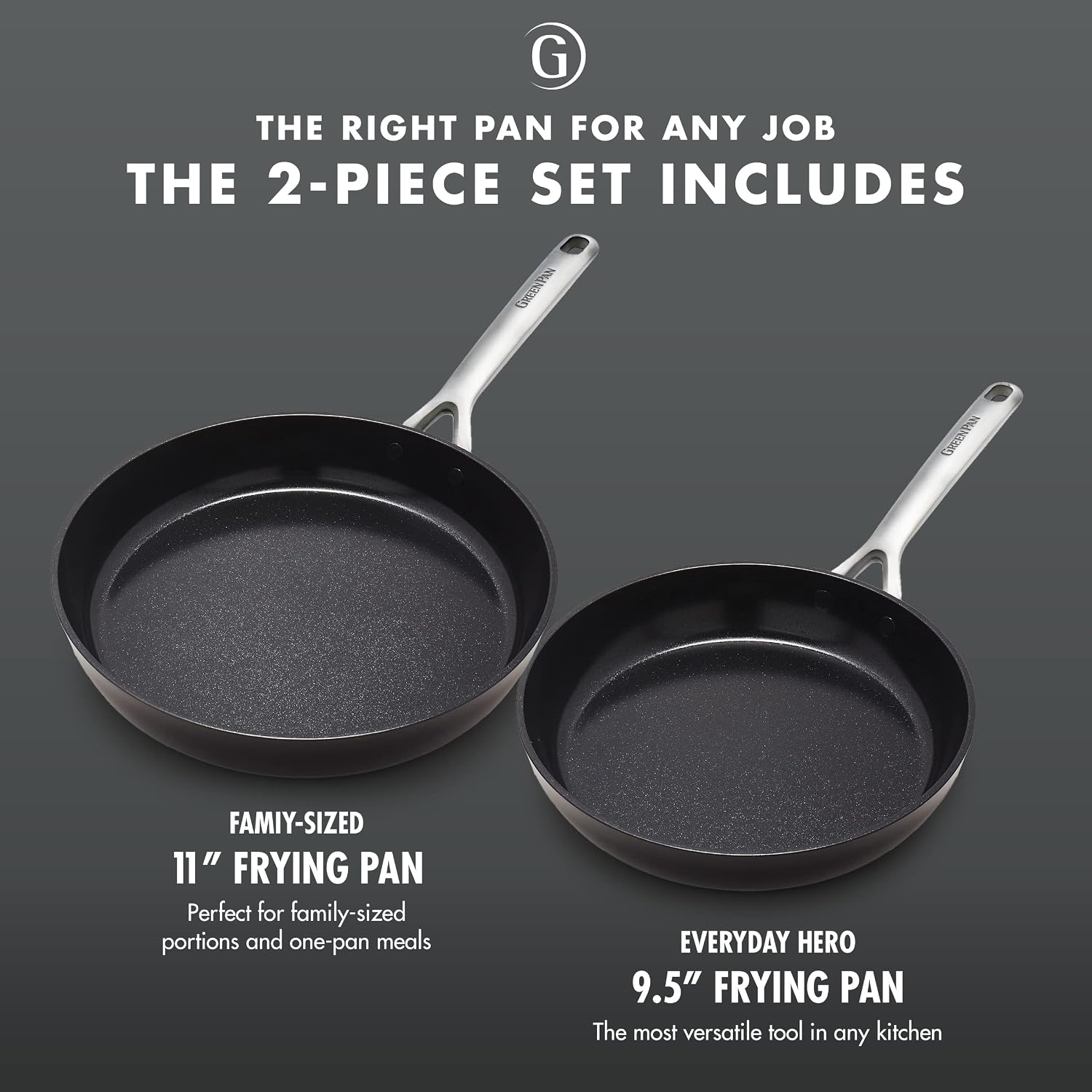 GreenPan 9.5' & 11' Ceramic Nonstick Frying Pan Skillet Set, PFAS-Free, Hard Anodized Cookware, Induction Compatible & All Cooktops, Dishwasher & Oven Safe, GP5 Stay-Flat Surface, Black