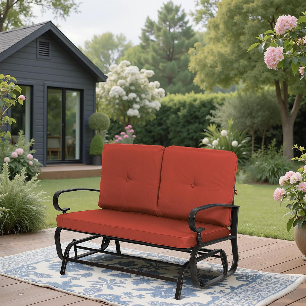Outdoor Bench Patio Swing Glider Loveseat 2 Seats Rocking Chair, Wrought Iron Gliders for Outside Patio with Cushion (Red)