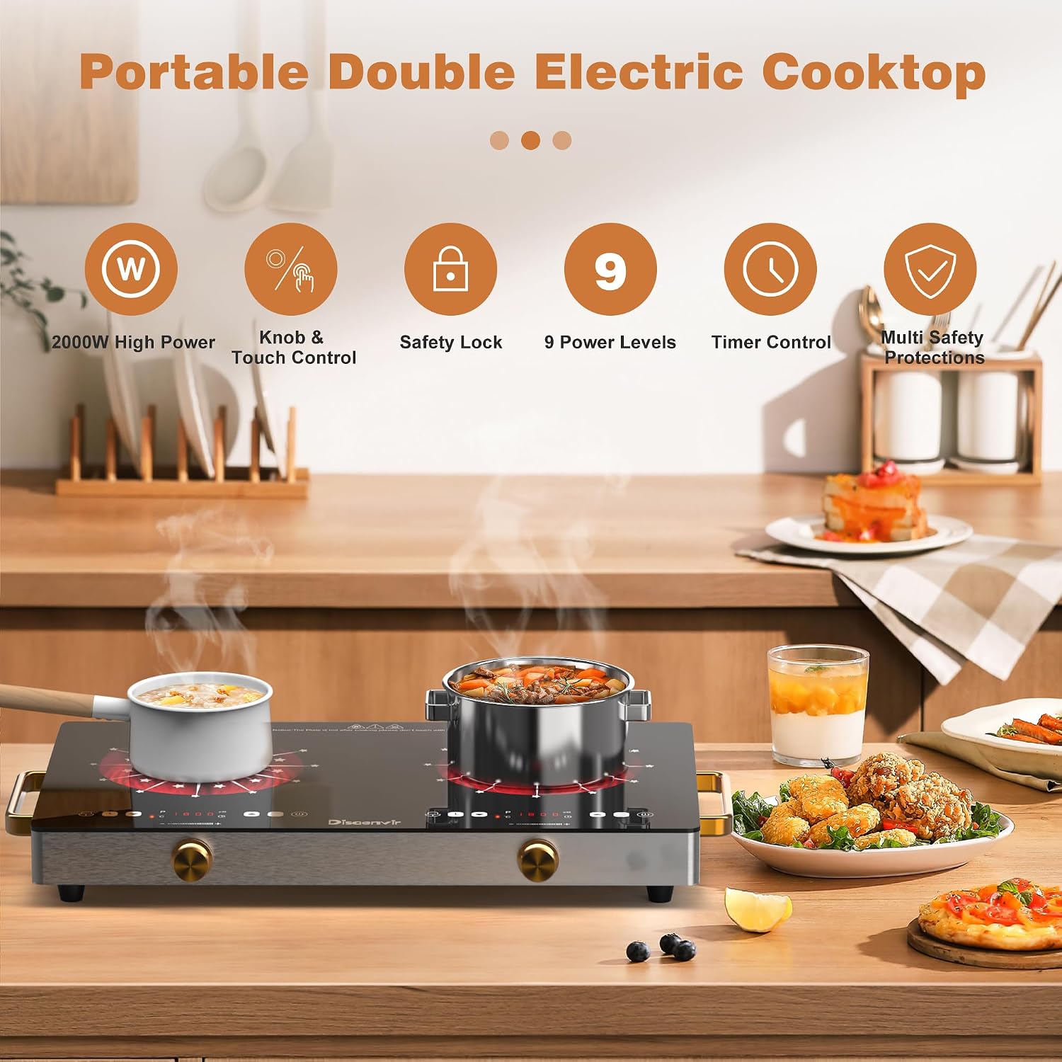 2 Burner Electric Cooktop 110V - 24 Inch(22.2'x 13.07') Countertop Electric Stove with Handles 2000W, Two Burner Ceramic Burner with Touch and Knob Control, Timer, Safety Lock, 120V Plug in