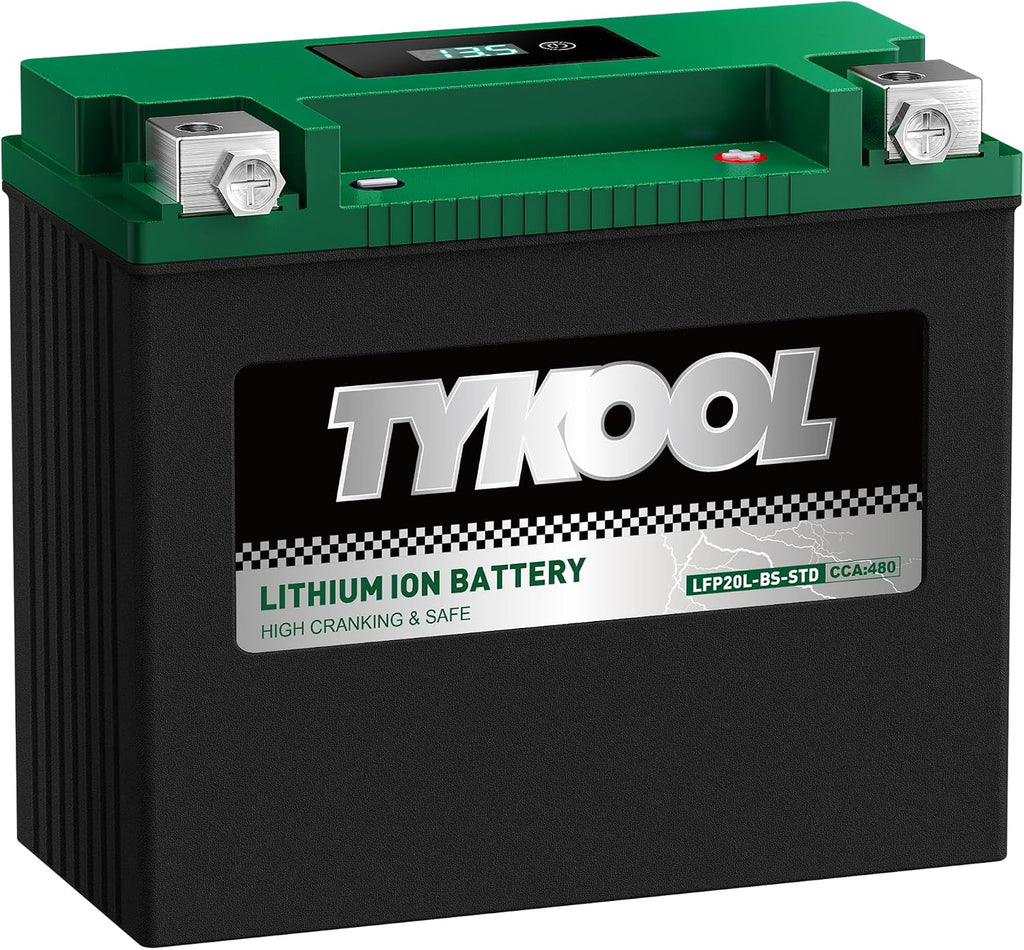 TYKOOL LFP20L-BS-STD Lithium Battery, Replaces YTX20L-BS, 480CCA 8Ah Fits for ATV UTV Motorcycle PWC Snowmobile, Compatible with Polaris Sportsman 570 Ranger 500 Honda TRX680, Digital Readout [- +]
