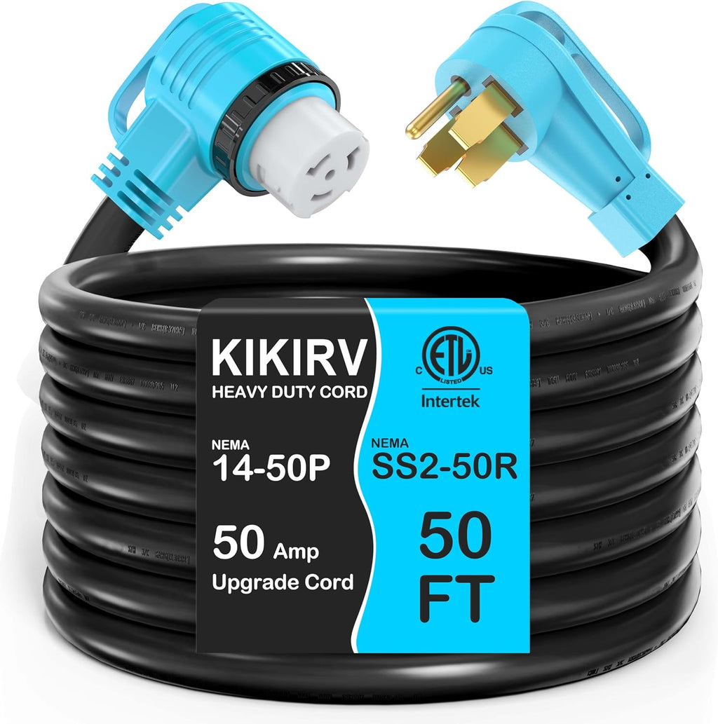 50 Feet 50 Amp RV/Generator Cord, 100% Copper Wire, Newly Designed 90°Grip Handle, NEMA 14-50P to SS2-50R Twist Lock, 6/3+8/1 Gauge STW Wire, ETL Listed