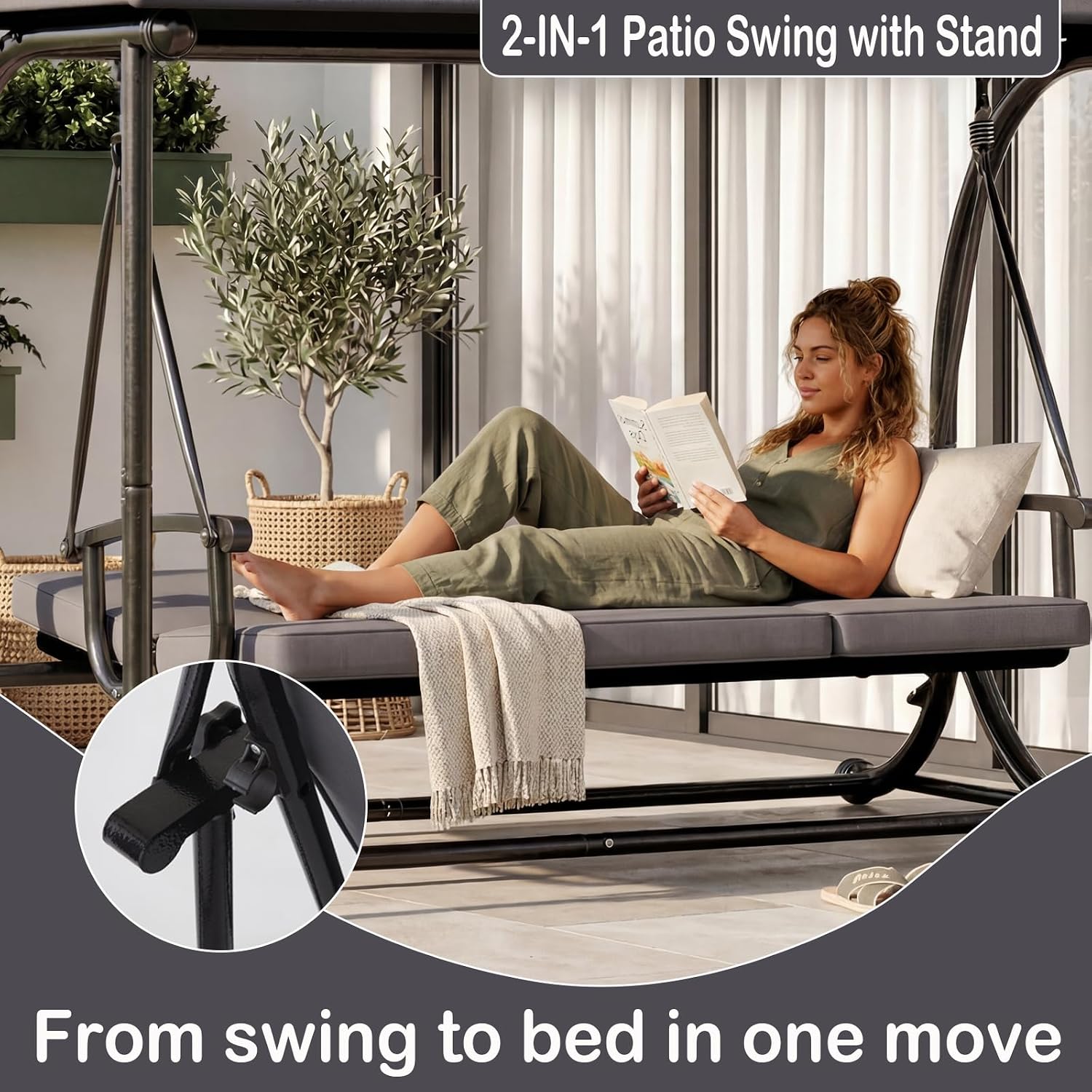 3 Seat Patio Swing with Canopy, Convertible Porch Swing Bed for Adults, Heavy Duty Outdoor Swing Chair with Stand for Backyard Garden Balcony, Thick Cushion, Gray