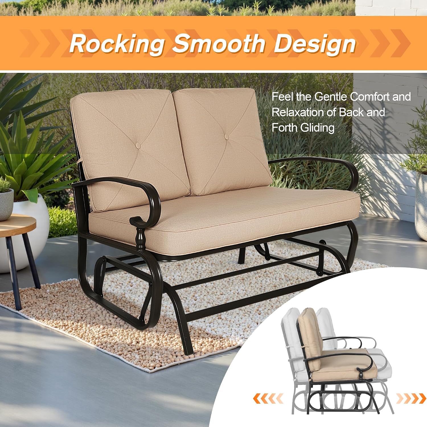 Incbruce Outdoor Glider Rocking Chair Patio Glider Bench for 2 Person, Porch Loveseat Seating Patio Steel Frame Chair Set with Cushion for Porch, Patio, Garden (Brown)