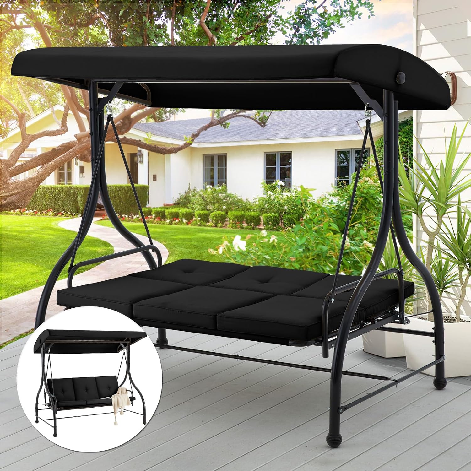 AECOJOY 3-Seat Outdoor Porch Swing with Adjustable Backrest and Canopy, Patio Swing w/Removable Cushions Outdoor Swing Bed for Porch, Backyard, Poolside, Black