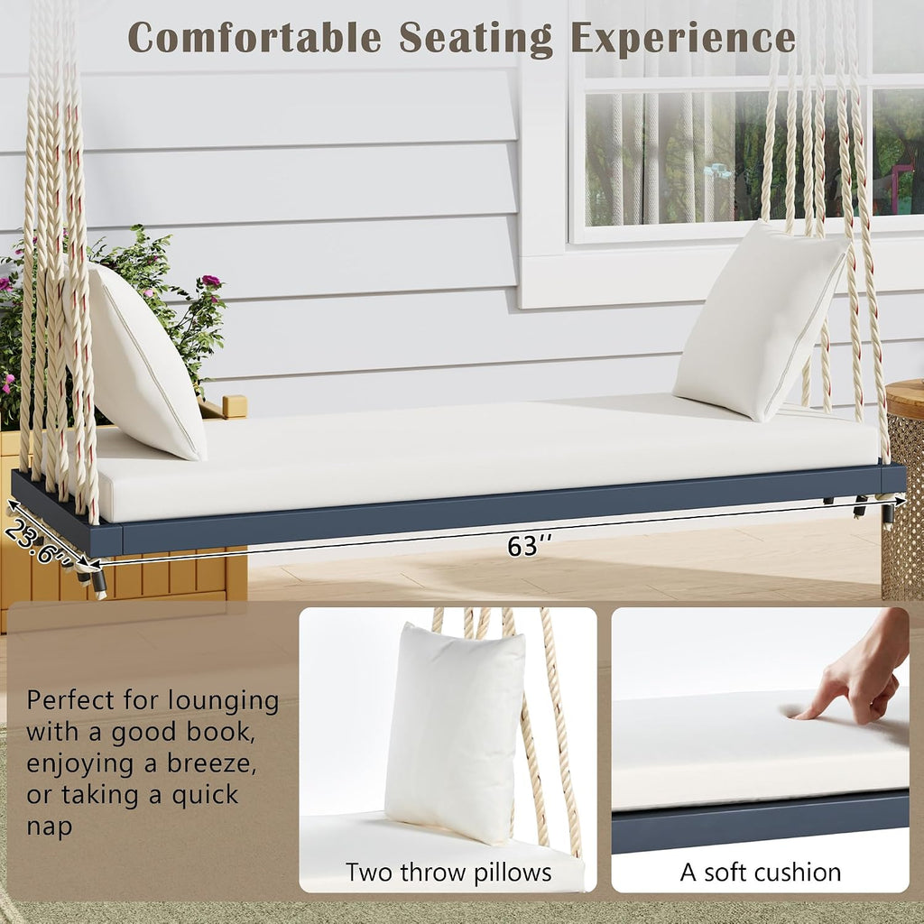 YOPTO Acacia Wood Porch Swing Bench with Cushion & Pillows, 63' Outdoor Hanging Bench for 2 Adults, Rustic Heavy Duty 10.8ft Ropes Swing Daybed for Patio Backyard Garden, White