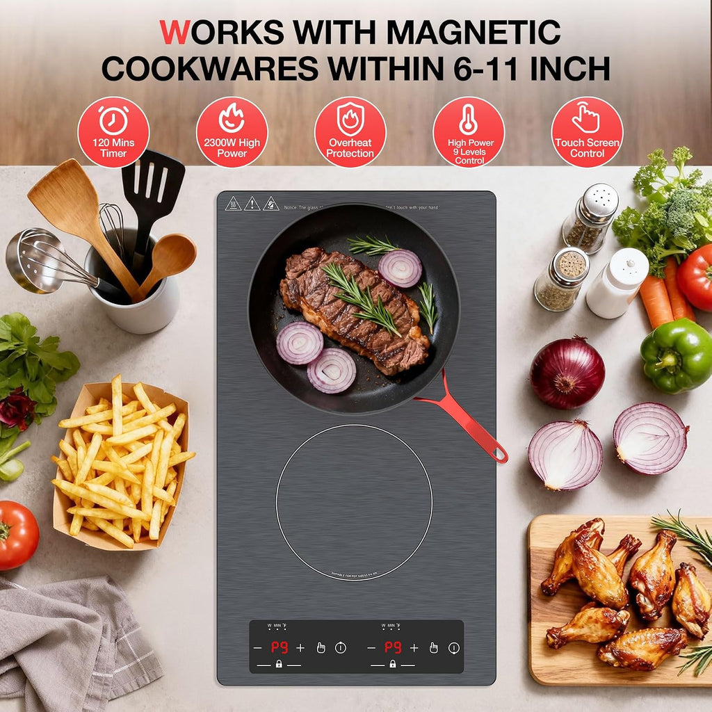 Double Induction Cooktop 110v-120v, GTKZW 2300W Electric Cooktop 20 inch Hot Plate Electric Stove Top with Plug in, Built-in and Countertop, 9 Power Levels, Timer & Safety Lock