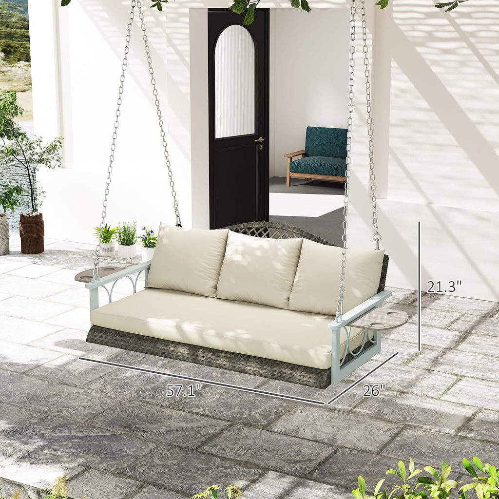Outsunny 3 Person Wicker Porch Swing Chair Heavy Duty 800 LBS with Cup Holder, 57 Inch Outdoor Rattan Patio Hanging Swing Bench with Cushions and Chains for Garden, Backyard, Natural Wood