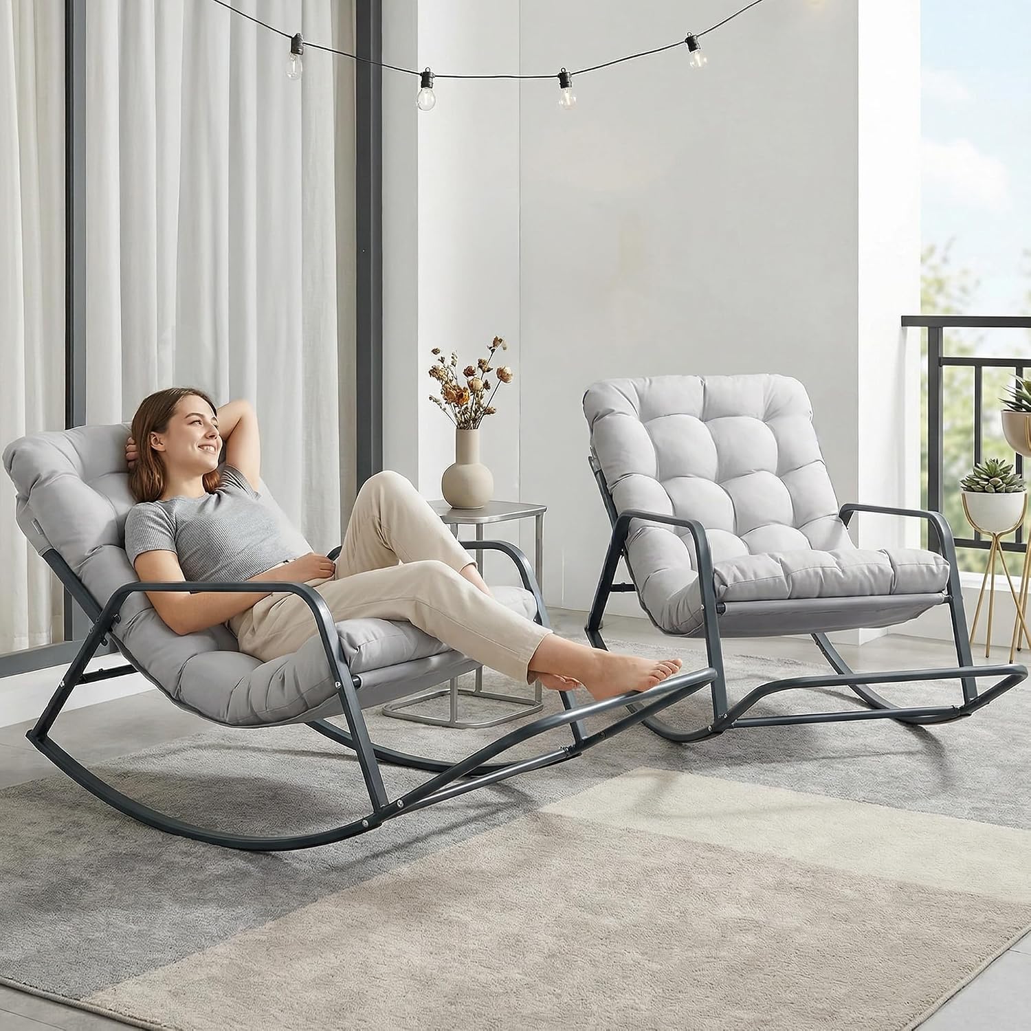BULEXYARD Grey 2 Pcs Oversized Indoor Outdoor Lounge Royal Rocking Chair with Armrest Footrest for Napping Relaxing, Heavy Duty Patio Reclining Papasan Rocker Chair with Padded Cushion