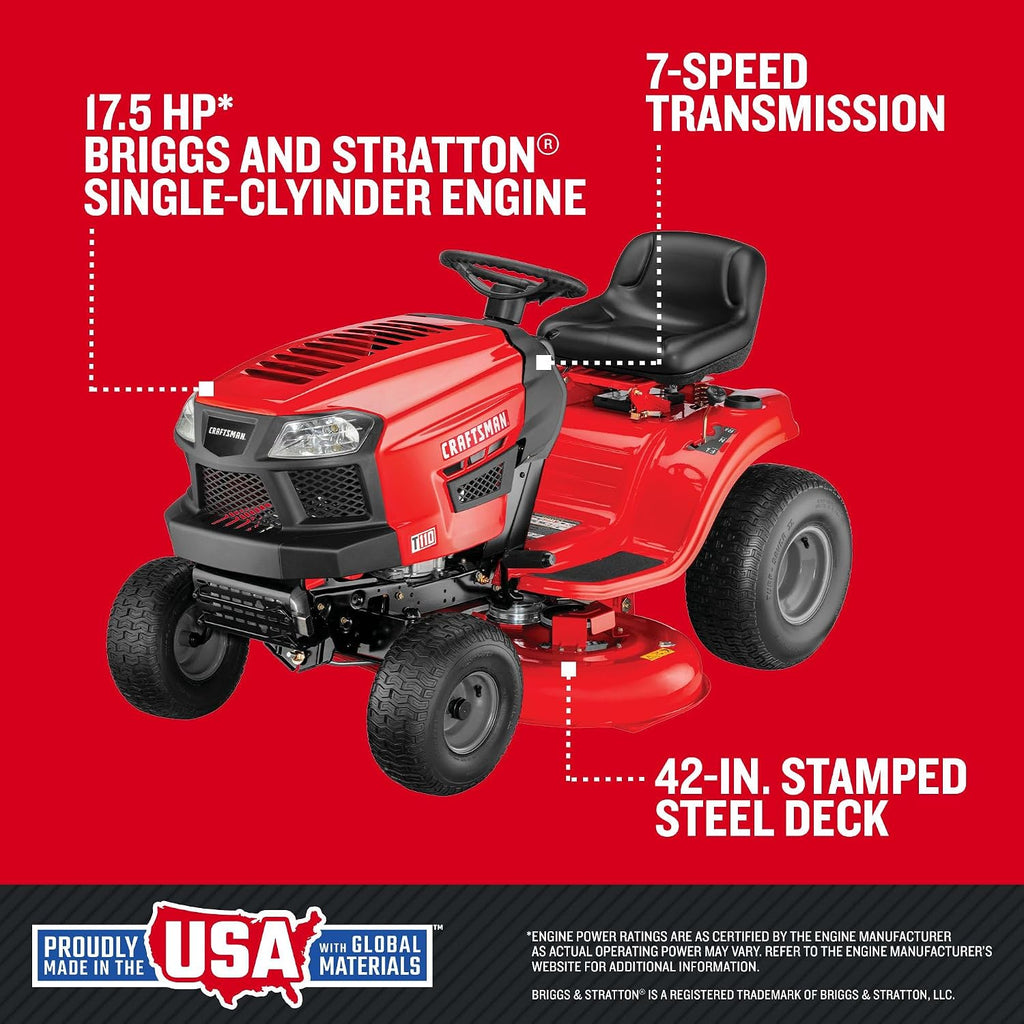 CRAFTSMAN 42' Gas Riding Lawn Mower with 17.5 HP* Briggs and Stratton Single-Cylinder Engine, Gas Lawn Tractor with 7-Speed Transmission, Red/Black (13AN77XSA93)