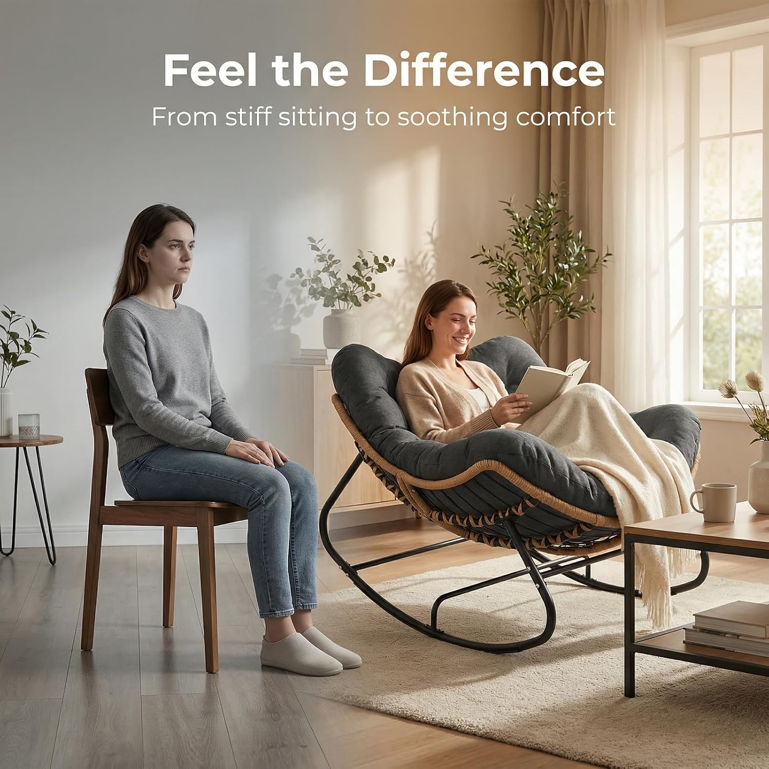 Oversized Papasan Rocking Chair Outdoor, Comfy Wicker Patio Papasan Egg Rocker with Thick Cushion for 450 lbs, Indoor Lounge Reading Chair for Living Room, Porch, Garden, Balcony-Dark Gray