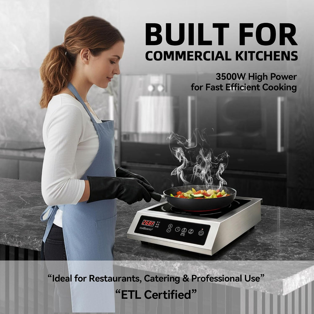 Commercial 3500W Induction Cooktop, Portable 240V Countertop Burner with 10 Power Levels, 12 Timer Settings, 140-465°F Temperature Control, LCD Display, Stainless Steel Housing