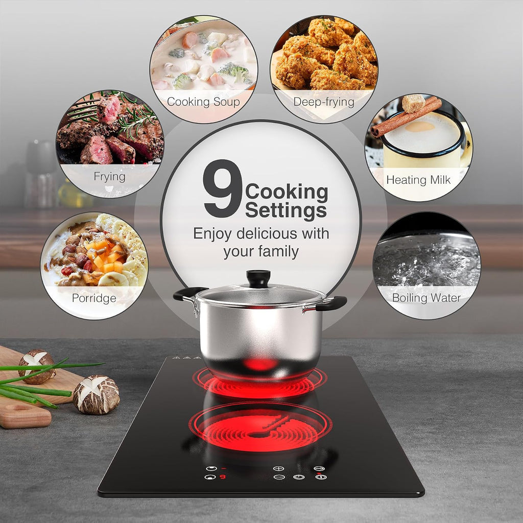 GIHETKUT Electric Cooktop,Built-in and Countertop Electric Stove Top, 2100W 110V Electric Burner 9 Heating Level, Timer & Kid Safety Lock, Sensor Touch Control 2 Burner Electric Cooktop.