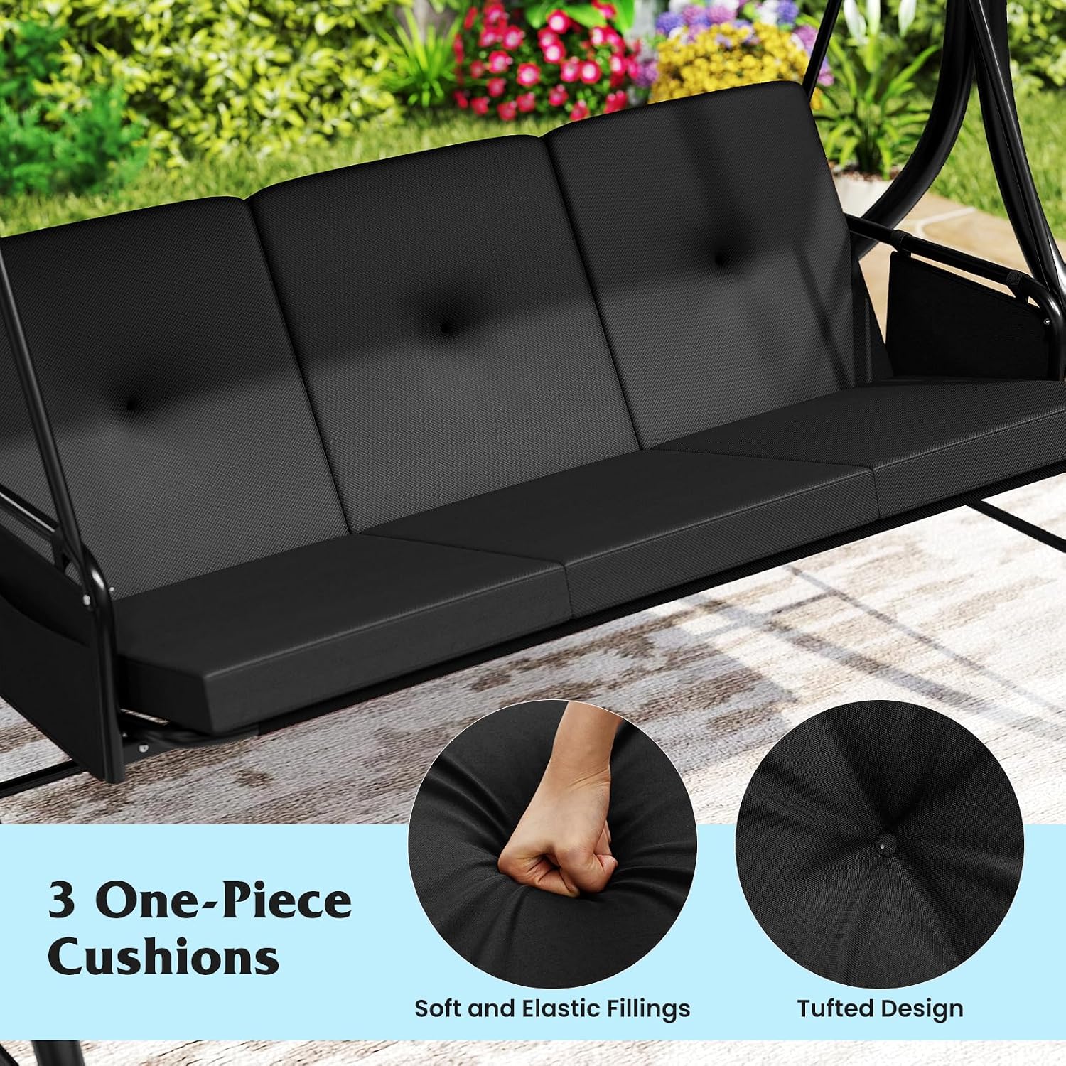 Tangkula 3 Person Porch Swing, 2-in-1 Convertible Outdoor Swing with Adjustable Canopy, Removable Cushions, Metal Frame, Side Pockets for Backyard, Garden, Porch (Black)