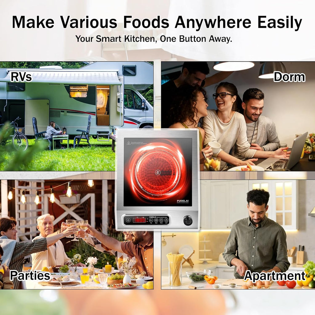 1800W Hot Plate Electric, 9 Power Levels Commercial-Grade Induction Cooktop, Portable Infrared Burner with Timer and Child Safety Lock, for Apartment, Dorm, RV and Restaurant
