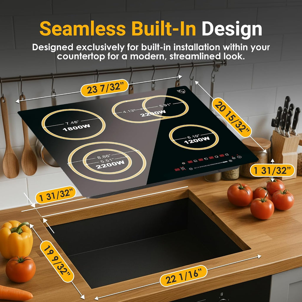 K&H 4 Burner Electric Cooktop - 24 Inch Built-In Radiant Ceramic Stove Top - 17 Power Levels & Touch Control, Compatible with All Cookware, 240V, 7200W High-Power Built-in Electric Stove, CE24-7206SL