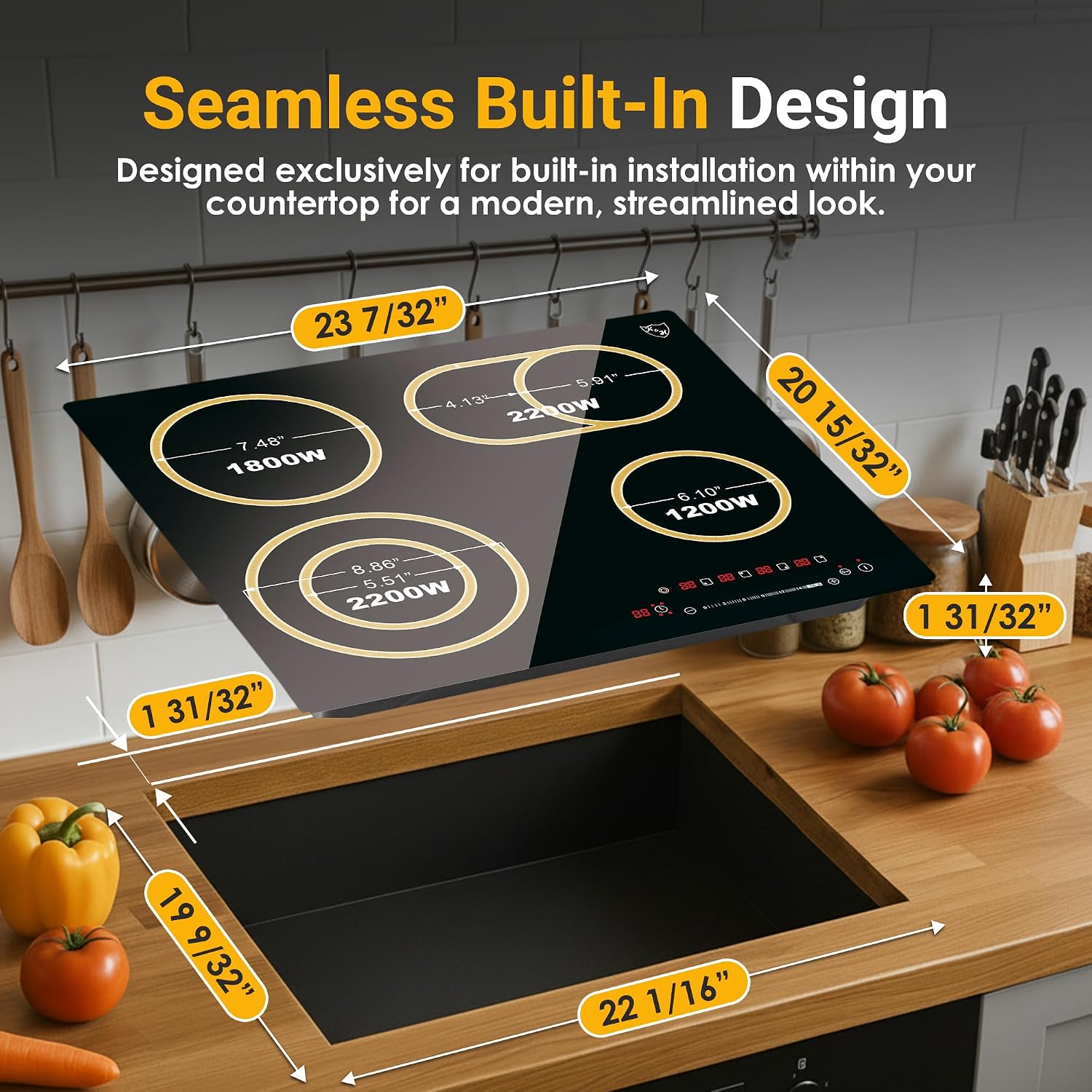 K&H 4 Burner Electric Cooktop - 24 Inch Built-In Radiant Ceramic Stove Top - 17 Power Levels & Touch Control, Compatible with All Cookware, 240V, 7200W High-Power Built-in Electric Stove, CE24-7206SL