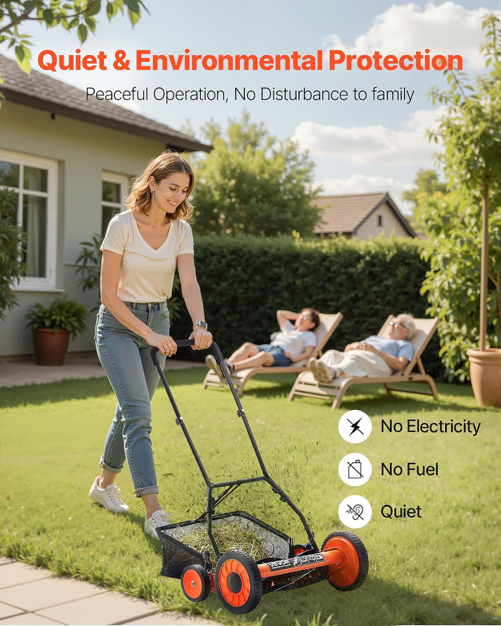 VEVOR Push Reel Lawn Mower 18 inch, 5 Blades Manual Push Mower No Motor, 1.37-2.44 in Adjustable Cutting Height, Walk-Behind Lawn Mowers with Grass Catcher Bag for Green Lawns, Driveways, Courtyards