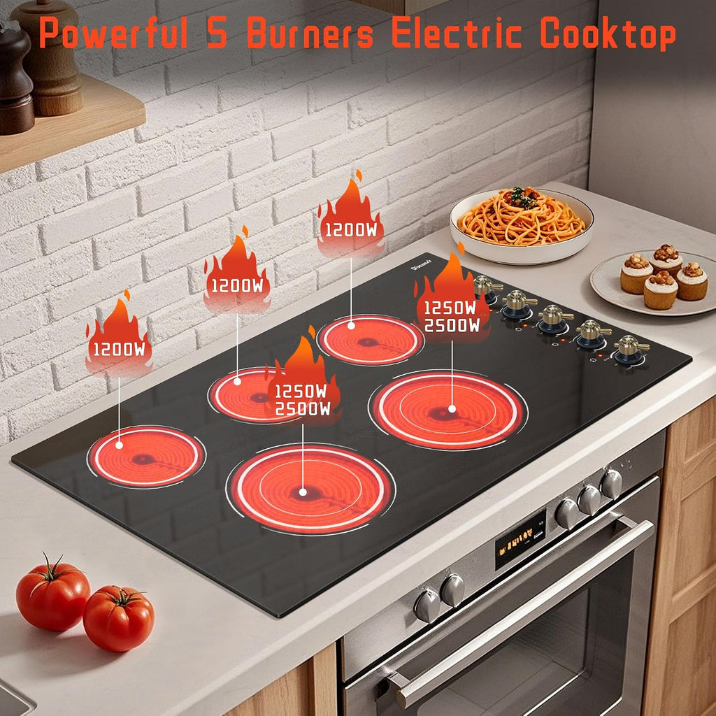 Electric Cooktop 36 Inch - 5 Burner Electric Stove Top with 8400W, 36 Inches Built-in(34.25'x19.3') Ceramic Stove with Dual Rings, Overheat Indicator, Knob Control, 220V - 240V Hard Wired
