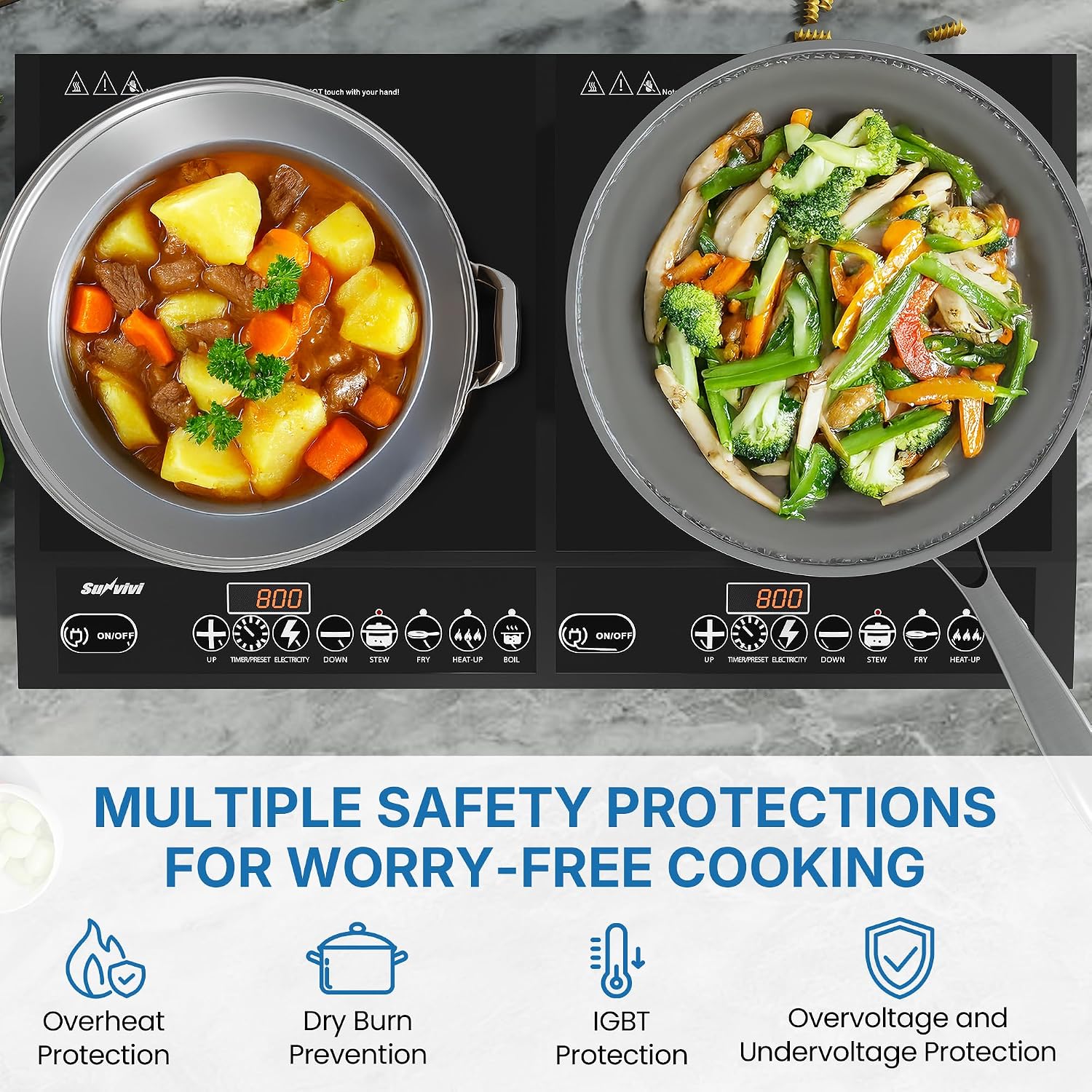 Commercial Double Burner Electric Induction Cooktop, 1000W+800W Dual Induction Hot Plate, 8 Power & 8 Temp Setting, Professional Countertop Burner Stove with Timer, LED Screen, Black