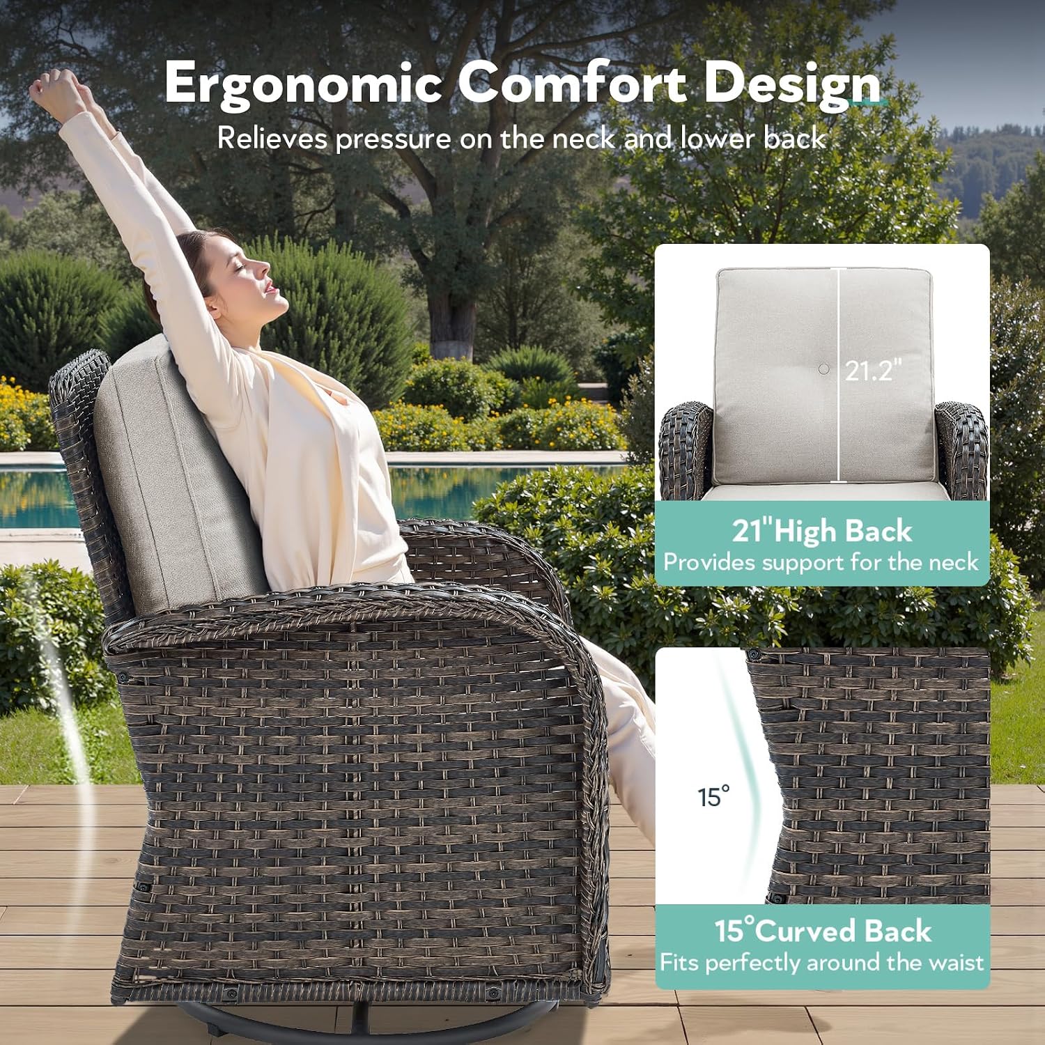 5 Piece Patio Furniture Set - Wicker Patio Conversation Set with Swivel Glider, Glider Loveseat, Tempered Glass Side Table and Coffee Table for Deck Backyard - Brown Wicker Beige Cushion