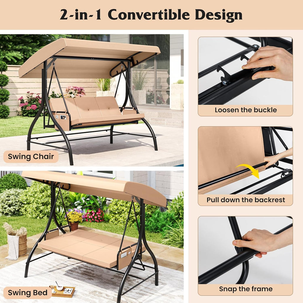 Tangkula 3 Person Porch Swing, 2-in-1 Convertible Outdoor Swing with Adjustable Canopy, Removable Cushions, Metal Frame, Side Pockets for Backyard, Garden, Porch (Beige)
