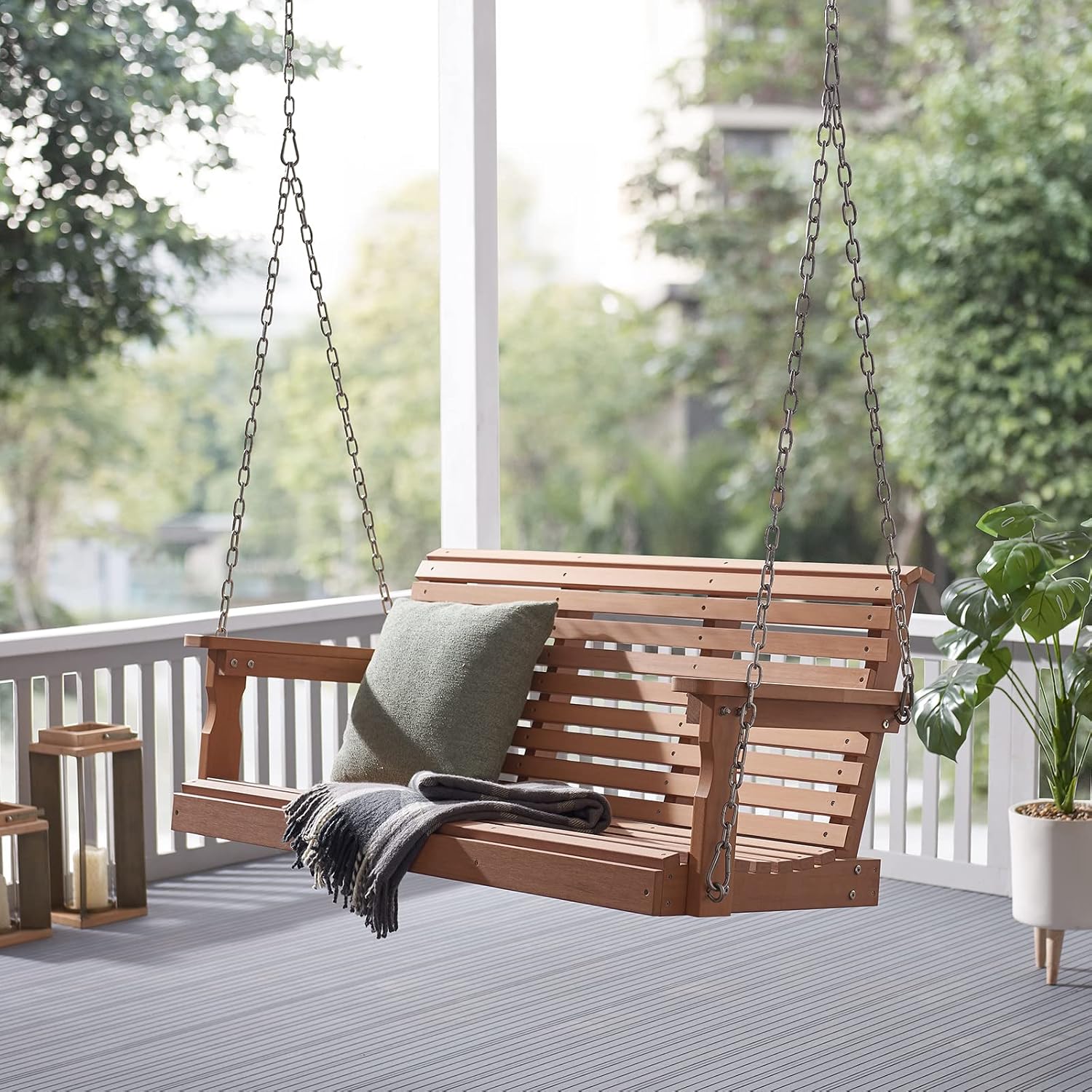 Psilvam HDPE Porch Swing, 2 Seat Hanging Porch Swing Outdoor, All-Weather Patio Swing, Waterproof and Rot-Resistant, Swing Bench for Outside, Garden, Porche and Parks (Teak)