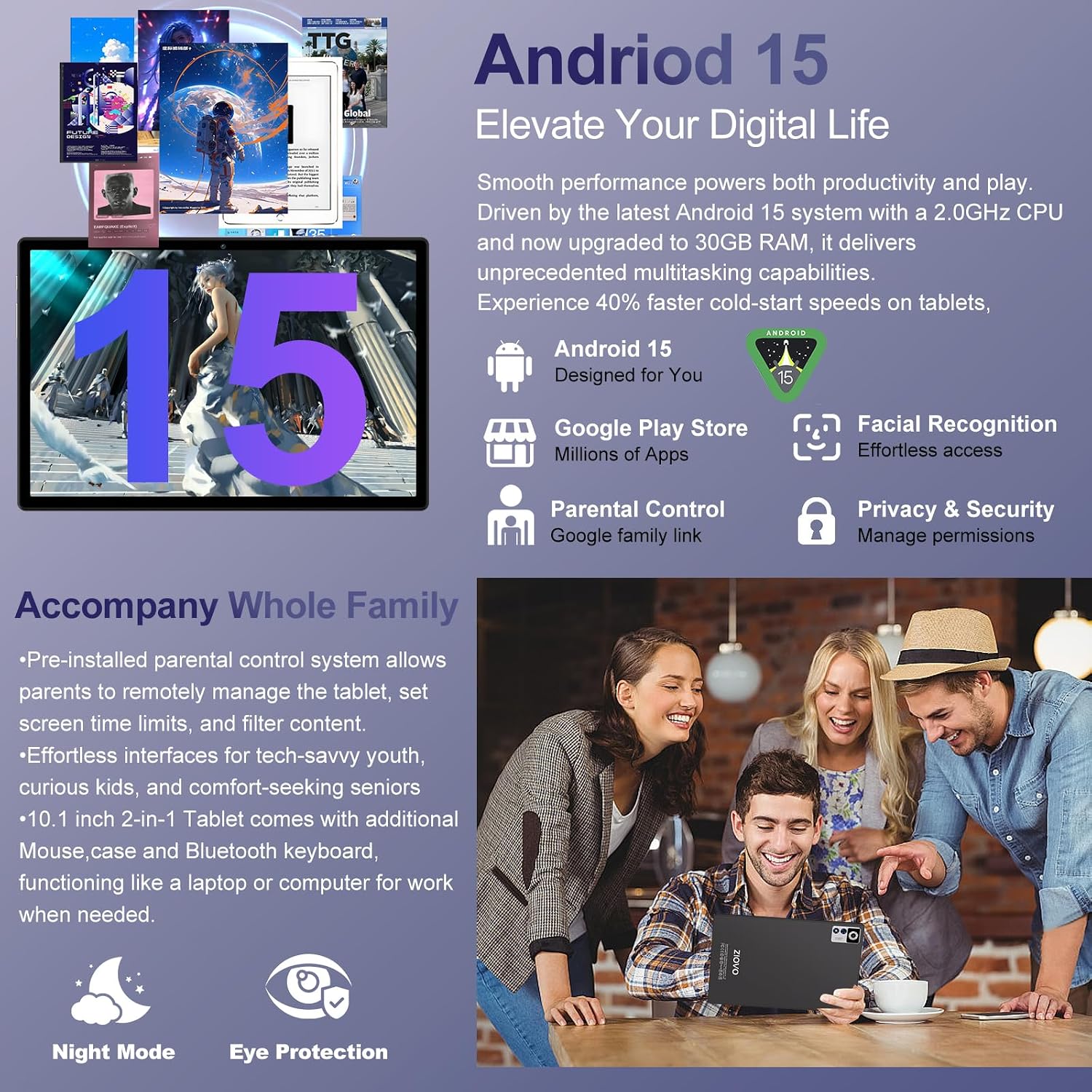 2026 Android 15 Tablet with Keyboard | Gemini AI, 30GB+128GB Octa-Core Electronics Tablets w/ 10 Inch IPS HD Display, 8000mAh, 5G WiFi, 1TB Expand, Mouse+Case, BT 5.0, Widevine L1, Metal Body -Black