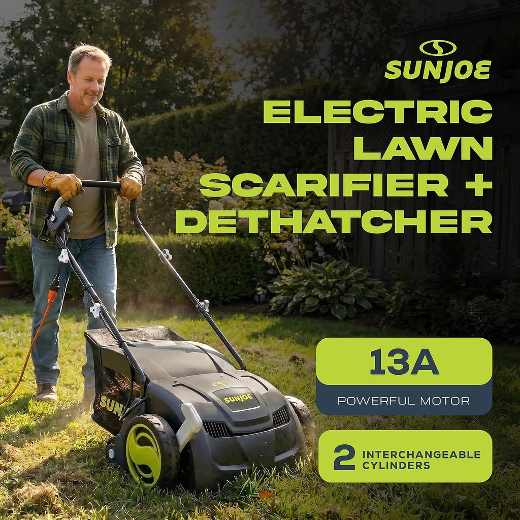 Sun Joe Electric Dethatcher & Scarifier, Corded, with 8-Gal Bag, 12.6-Inch Cutting Width, 12-Amp Motor - Heavy-Duty Yard Trimmer for Lawn Maintenance, AJ801E