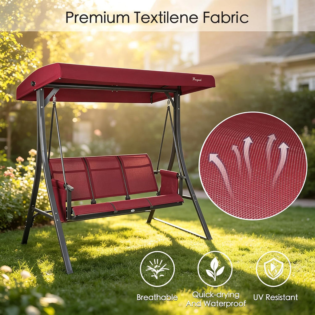 Kozyard Brenda 3-Seat Outdoor Porch Swing Glider, Patio Swing with Adjustable Canopy, Steel Frame, Breathable Textilene Seat & Back, Side Pockets (Burgundy)