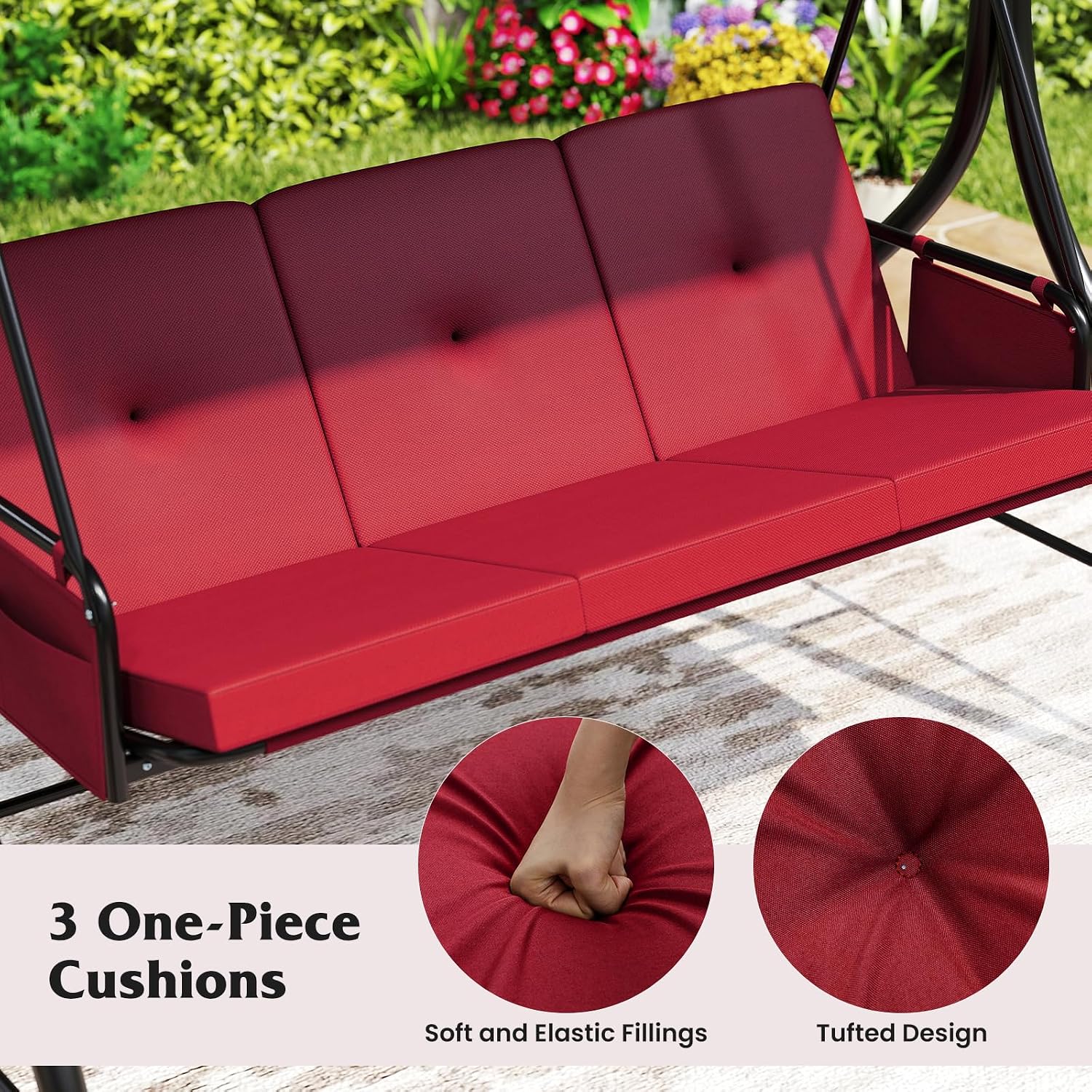 Tangkula 3 Person Porch Swing, 2-in-1 Convertible Outdoor Swing with Adjustable Canopy, Removable Cushions, Metal Frame, Side Pockets for Backyard, Garden, Porch (Burgundy)
