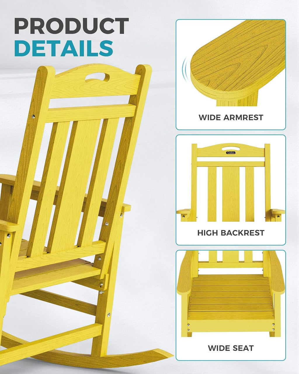 Ciokea Oversized Outdoor Rocking Chairs Set of 2, 380lbs Heavy-Duty Large Patio Rocker, High Back Cozy Porch Chairs, Weather Resistant Patio Rocking Chairs for Outside, Fire Pit, Deck, Citron Yellow
