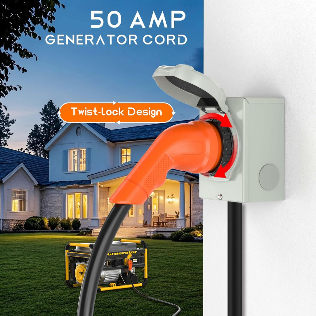 50 Amp 50 Feet RV/Generator Cord with 135° Designed Handle and Twist Locking Connector, Heavy Duty 6/3+8/1 Gauge STW Wire, 14-50P Male and SS2-50R Female for RV Camper and Generator to House